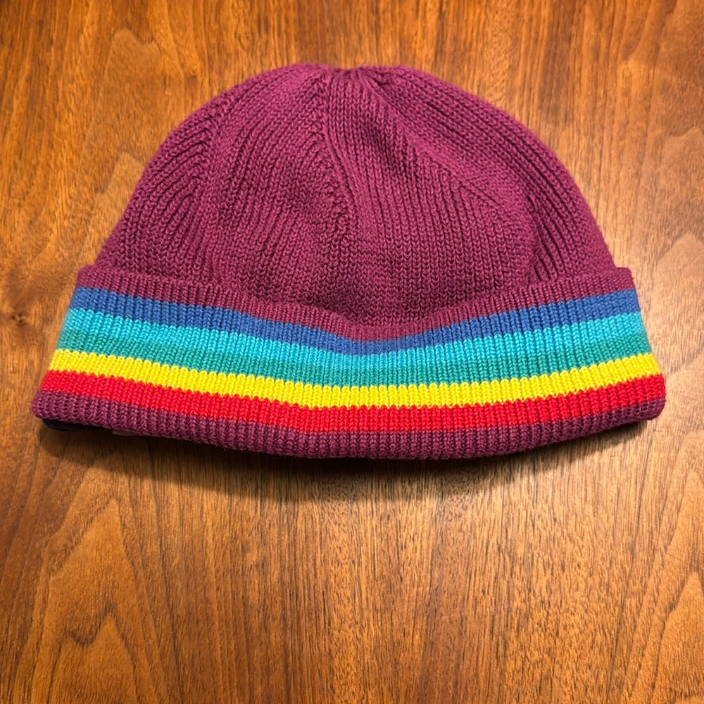 Primary dot com magenta rainbow striped cuff kids hat - fits age 2-5yo